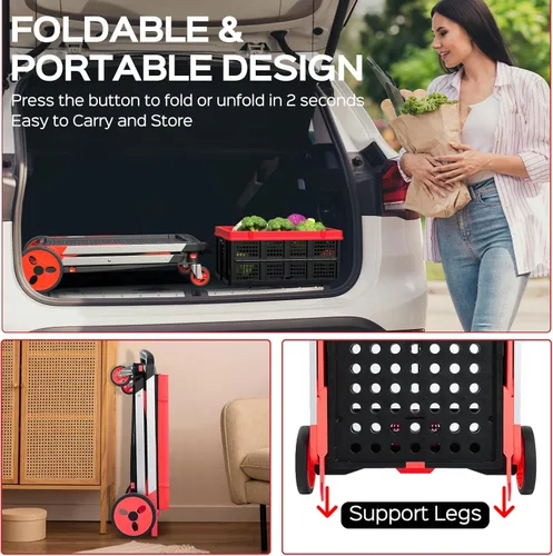 Vista 4 de Carrito de compras plegable con ruedas, capacidad de 200 libras, carrito de comestibles con ruedas con caja de almacenamiento, carro de mano con Rojo