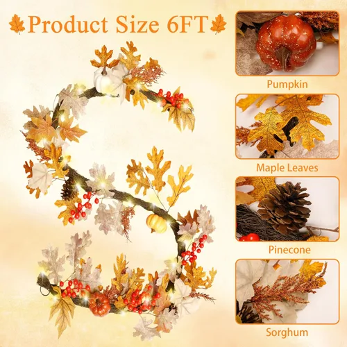 Vista 2 de Guirnalda de otoño con luces, guirnalda de calabaza para centro de mesa, guirnalda de otoño para manto, cena de Acción de Gracias, chimenea, puerta