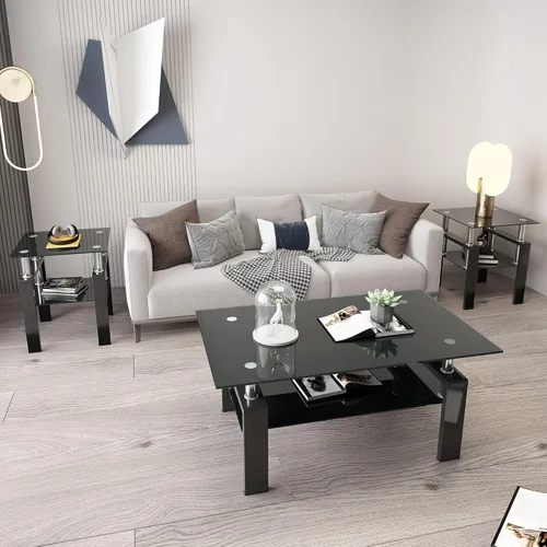 Vista 50 de IANIYA Juego de mesa de 3 piezas para sala de estar, moderno juego de mesa auxiliar de vidrio templado, mesa auxiliar de vidrio con marco de metal