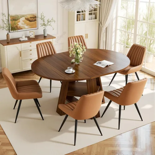 Vista 30 de Aivermel - Juego de mesa de comedor extensible redonda a ovalada para 4 a 6, mesa de cocina de madera con almacenamiento oculto y sillas tapizadas