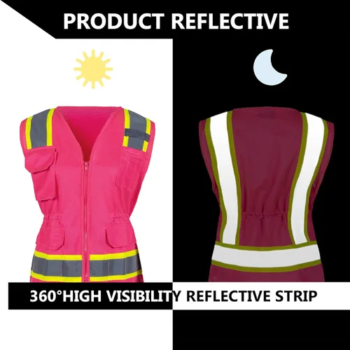 Vista 6 de FONIRRA Hi Vis - Chaleco de seguridad para mujer, reflectante, ANSI Clase 2, alta visibilidad, trabajo, construcción, manga corta