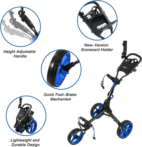 Vista 5 de KVV Carrito de empuje de golf de 3 ruedas ultra ligero tamaño plegable más pequeño, soporte para tarjeta de puntuación de nueva versión