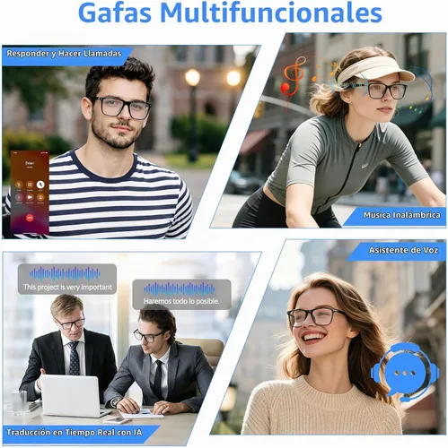 Vista 8 de Lentes inteligentes AI con altavoz de oído abierto, Bluetooth 5.4, compatible con asistente de voz, traducción en tiempo real, lentes que cambian