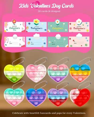 Vista 4 de Paquete de 32 juguetes para ansiedad con forma de corazón para el día de San Valentín para niños, regalos a granel para el aula con llaveros