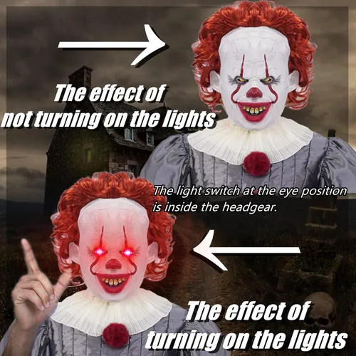 Vista 4 de Vukrtuo Disfraz de payaso IT, disfraz de Halloween para adultos con máscara de payaso LED.