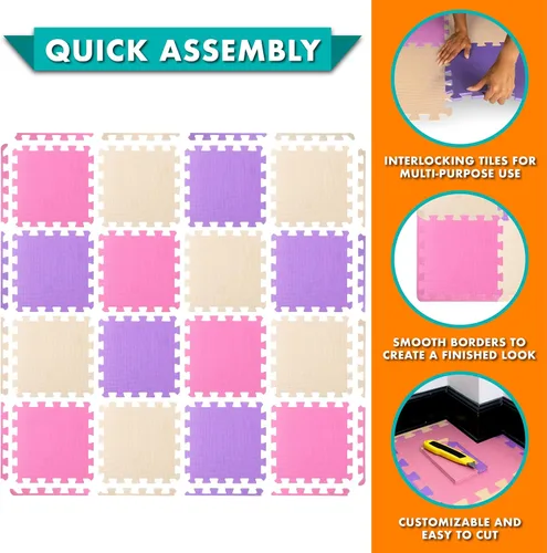 Vista 50 de ProSource Alfombra de espuma para rompecabezas para niños y bebés con colores sólidos, 36 o 16 azulejos encajables con bordes, Negro/Gris/Blanco