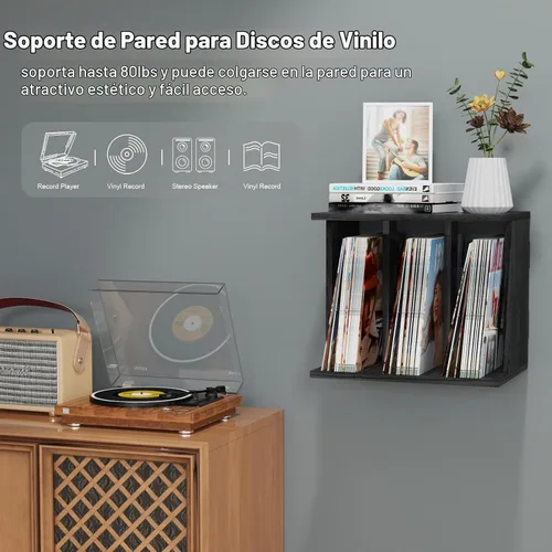 Vista 3 de Emfogo Vinyl Record Storage, Record Player Stand Wall Mount Up to 80-100 Albums, 3-Compartment Vinyl Record Holder, Black Negro