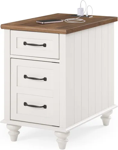 Vista 8 de Juego de 2 mesas auxiliares blancas con estación de carga, mesa auxiliar con almacenamiento, 2 tomas de corriente y 2 puertos USB para sala