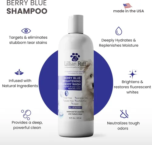Vista 2 de Lillian Ruff PRO Formula Berry Blue Brightening Champú para mascotas – Champú blanqueador profesional ultrahidratante para perros, potenciador
