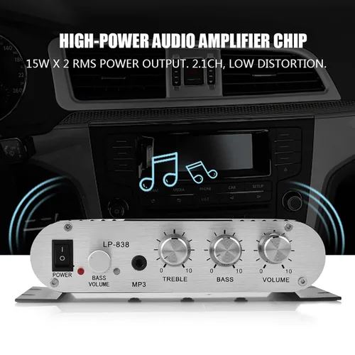 Vista 4 de GOWENIC Amplificador estéreo de potencia, amplificador digital Mini HiFi 2.1, 2 canales, 14.4V DC, negro