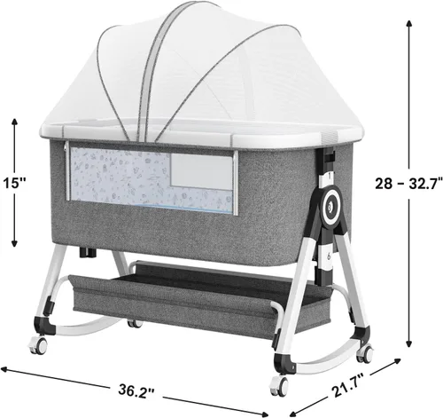 Vista 7 de Moisés para bebé 3 en 1, cuna junto a la cama con cesta de almacenamiento y ruedas, cuna portátil con mosquitero, 6 alturas ajustables y malla