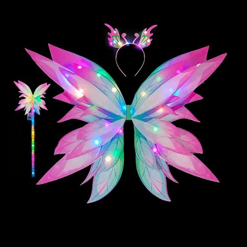Vista 4 de TRURENDI Conjunto de disfraz de Halloween para niñas, falda de tul iluminada, alas de mariposa, diadema, kit de accesorios de cosplay para niñas