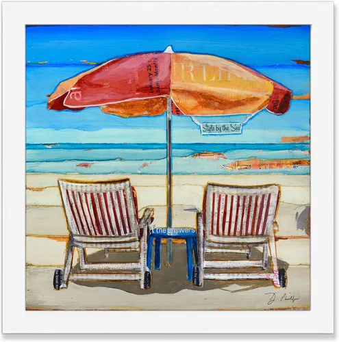 Stylin By The Sea, Beach Umbrella and Chairs, Danny Phillips Art Print, Unframed, Recycled Beach Coastal Ocean Wall and Home Decor Poster, Mixed