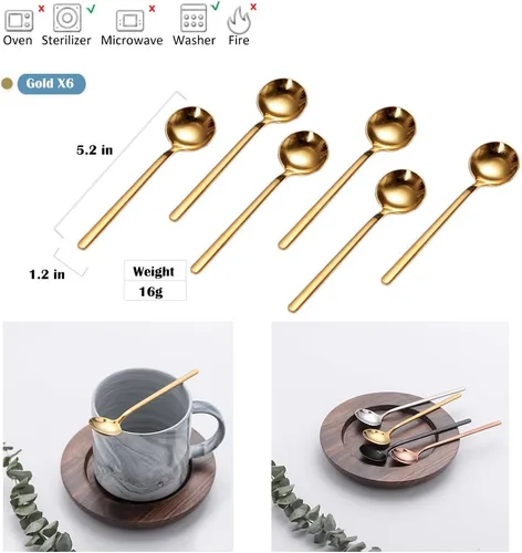 Vista 3 de Sweejar - 6 cucharas de café doradas, cucharas de café de acero inoxidable 18/8, mini cuchara de té Vogue de 5.2 pulgadas, cuchara pequeña agitadora