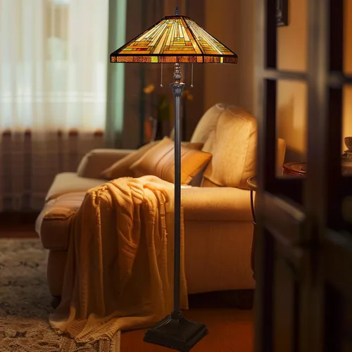 Vista 8 de Capulina Tiffany Lámpara De Pie De Vidrio Manchado 2 Luces 16X16X63 Pulgadas Ámbar Marrón Diseño Misión Antiguo Estilo Tiffany Lámpara De Pie De
