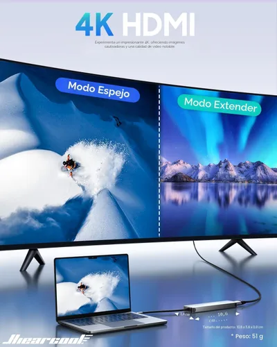 Vista 4 de Hiearcool - Adaptador HUB con USB C y 7 puertos en 1 de USB C a HDMI compatible para Macbook Pro y computadores portátiles con USB C; adaptador