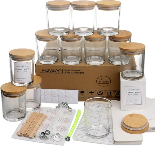 Vista 21 de MILIVIXAY Paquete de 12 tarros de vela de vidrio ámbar de 7 onzas con tapas y kits de fabricación de velas, tarros de velas vacíos a granel