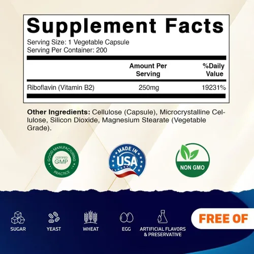 Vista 2 de Vitamatic Vitamina B2 (riboflavina) 250 mg - 200 cápsulas apoyan la energía celular y la producción de glóbulos rojos
