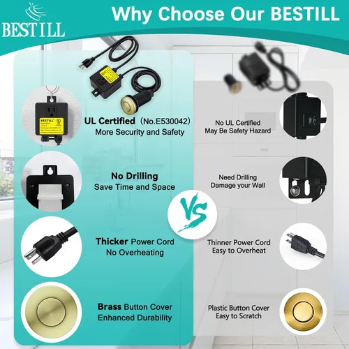 Vista 8 de Kit de interruptor de aire para eliminación de basura BESTILL - Certificado UL, botón de presión de encendido/apagado de 3.6" de largo en la parte