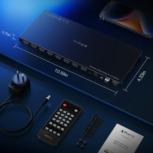 Vista 7 de Interruptor multivisor HDMI 4K 4x4 con PIP, PORTTA Quad Multi Viewer Conmutador sin costuras 4 en 4 salidas con Toslink, salida de audio de 0.138 in