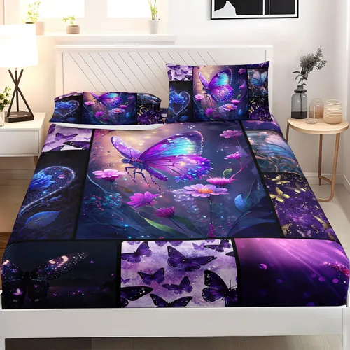 Vista 26 de AILONEN Juego de sábanas ajustadas con mariposas azules para niñas, juego de sábanas de tamaño individual con estampado floral de tie-dye