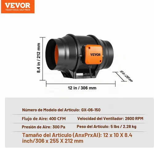 Vista 8 de VEVOR Kit de filtración de aire de 4 pulgadas, ventilador de conducto en línea de 180 CFM con controlador de velocidad, filtro de carbono y sistema