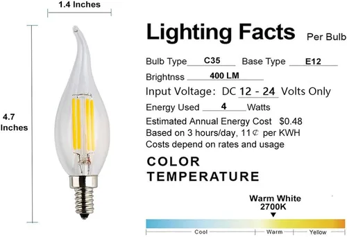 Vista 3 de Bombilla de bajo voltaje 12 V LED Candelabra, 12 V CC o 12 V CA, 4 W regulable, 2700 K luz blanca cálida, casquillo E12, 40 W de repuesto