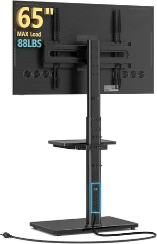AX WABER - Soporte de TV para piso con toma de corriente y estante, soporte universal para TV de 27 a 65 pulgadas hasta 88 libras, giro de 70 Negro