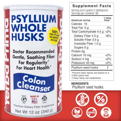 Vista 2 de Yerba Prima Cáscara de psillium, 12 onzas - Suplemento de fibra de cáscara completa, vegano, sin azúcar ni edulcorantes artificiales, sin OGM, sin