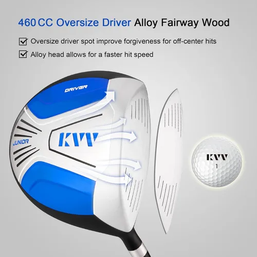 Vista 5 de KVV Junior - Juego completo de palos de golf para niños, mano derecha, incluye driver de gran tamaño, hierros, putter, funda para la cabeza