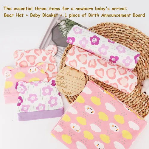 Vista 6 de DRESHOW BQUBO - Conjunto de gorro de algodón para bebé, manta para recién nacido, con orejas de oso, tarjeta de anuncio de nacimiento de madera