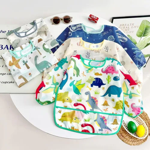 Vista 7 de PandaEar Paquete de 5 baberos de manga larga para bebé, babero impermeable de manga completa para bebés de 6 a 36 meses