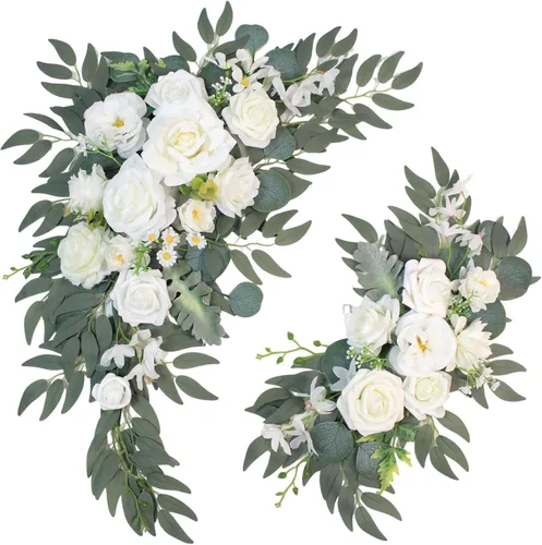 Arco de Boda con Flores Artificiales, Juego de 2, Letrero de Bienvenida, Decoración Floral y Señales de Boda para Ceremonia, Mesa de Recepción,