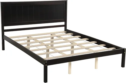 Vista 5 de Elegante cama de plataforma de tamaño Queen con cabecero, plataforma de madera maciza con soporte de listones de madera para dormitorio