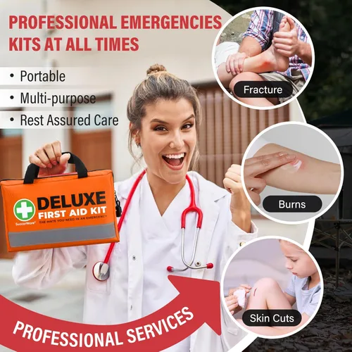 Vista 2 de SuccorWare Kit de primeros auxilios de lujo de 380 piezas, kits médicos compactos para trauma con vendajes surtidos, paquete frío instantáneo, manta