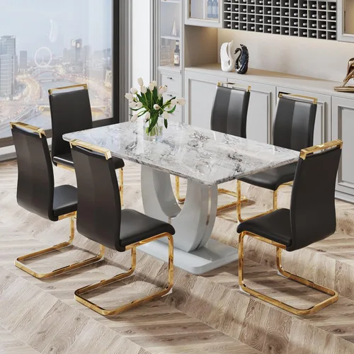 Vista 44 de JUFU Juego de mesa de comedor moderno para 4, juego de mesa de cocina rectangular de 63 pulgadas con mesa de mármol sintético y 4 sillas tapizadas