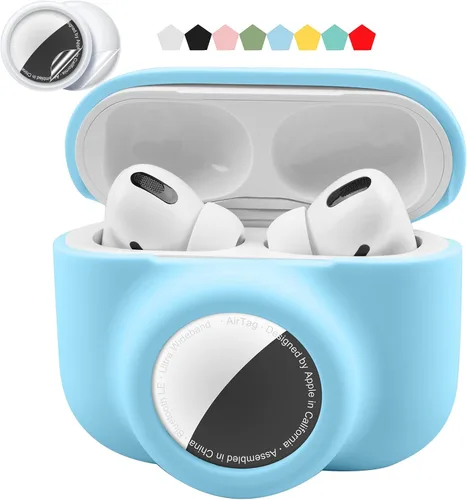 Funda protectora 2 en 1 compatible con Apple Airpods Pro de 2ª/1ª generación y Airtag, funda protectora de silicona suave con 2 protectores de Azul