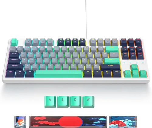 Vista 8 de Teclado mecánico 75% para juegos con interruptor rojo, retroiluminación LED RGB, teclado de computadora con cable TKL de 87 teclas para Windows