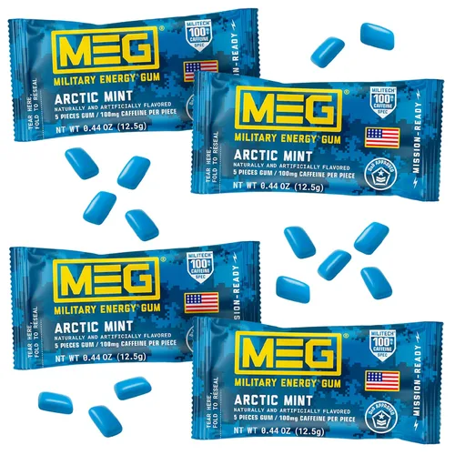 MEG - Goma de mascar de energía militar | 100 mg de cafeína por pieza + aumenta la energía + aumenta el rendimiento físico + paquete de 4 unidades