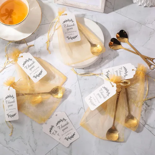 Vista 4 de Meanplan Juego de 50 juegos de cucharas de té para fiestas, juego de regalos de té en forma de corazón dorado para invitados, cuchara de café