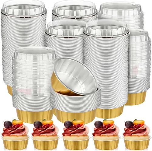 Vista 10 de Tessco for you 200 moldes desechables con tapas, 8 onzas, Ramekin Creme Brulee Ramekin, papel de aluminio, para cupcakes, para hornear, moldes