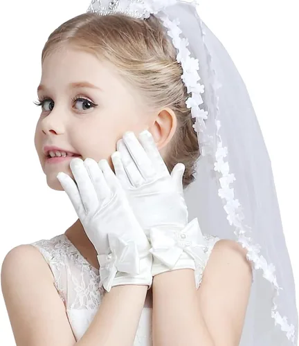 Guantes blancos para primera comunión, princesa, fiesta de té para niñas de 3 a 12 años