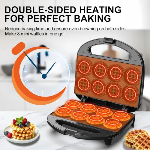 Vista 3 de Mini Waffle Maker, Small Waffle Iron with Quick Heat-Up, Makes 8 x 2” Tiny Waffle Bites for Kids, Locking Buckle & Cool Touch Handle, Nonstick