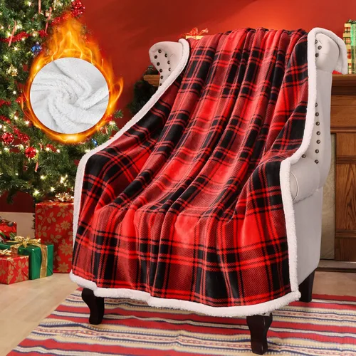 Solaris Manta de Navidad Sherpa a cuadros rojos, súper suave, cálida y acogedora, manta reversible de franela a cuadros para sofá, cama, para los