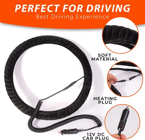 Vista 4 de ZONETECH Funda para volante de coche con calefacción 12V - Protector de volante con calentador de manos para vehículos, calefacción rápida, ajuste