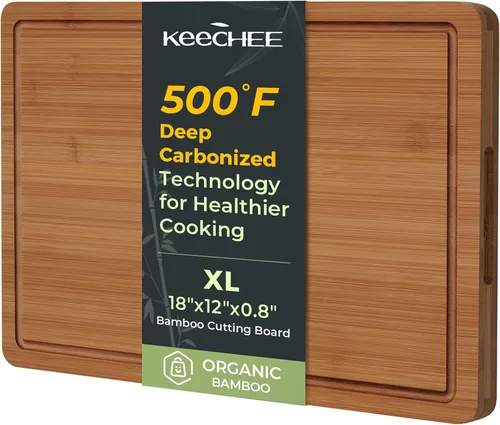 Vista 11 de Keechee Tabla de Cortar de Madera para Cocina - Juego de Regalo de 3 Tablas de Cortar Reversibles de Bambú con Ranura para Jugos, Tabla de Cortar