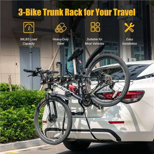 Vista 4 de Portabicicletas montado, soporte para 3 bicicletas con longitud y ángulo ajustables, cunas protectoras, correas de fijación, portaequipajes