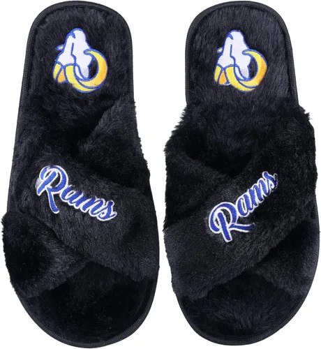 Vista 29 de FOCO Pantuflas deslizantes cruzadas mullidas con logotipo de texto del equipo NFL para mujeres
