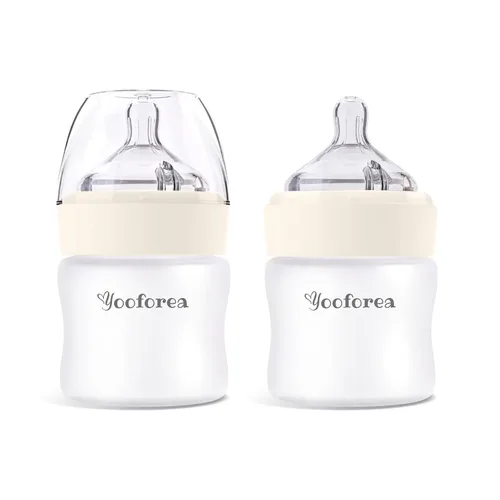 Yooforea Biberón de vidrio recubierto de silicona, 0 M+ pezón de flujo lento I anticólicos, cuello ancho, base estable I revestimiento de silicona Té