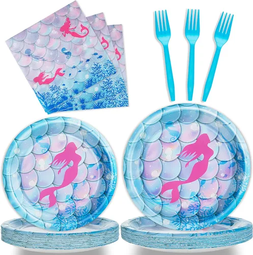 96 piezas de platos, servilletas y tenedores para fiesta de cumpleaños de sirena, juego de vajilla desechable con temática de sirena, decoración